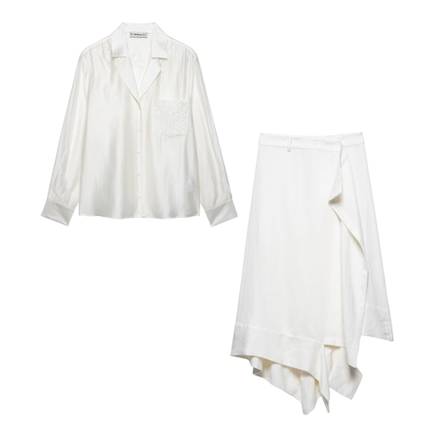 Camicia In Raso Di Acetato E Gonna Asimmetrica Da Donna Manica Lunga Tasca Ricamata Vita Alta Completo Elegante