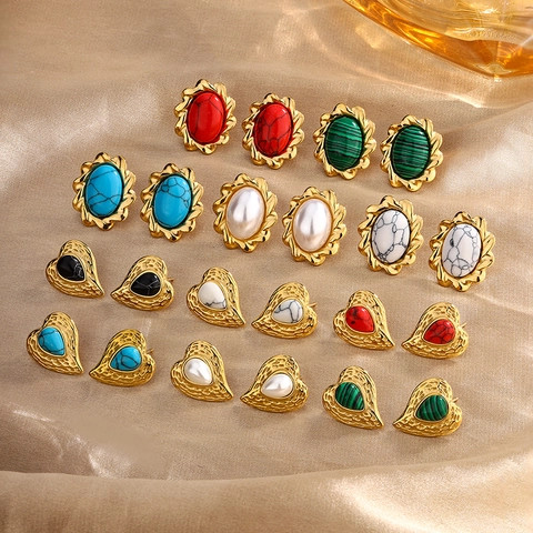 Vintage Heart Oval Stud Earrings 18K Gold Plated Stainless Steel With Faux Turquoise Artificial Pearl French Retro Style For Women