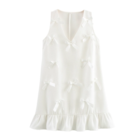White Sleeveless V-Neck Mini Dress With Bowknot Decoration Coarse Spun Tweed Ruffle Hem Elegant Baby Doll Style For Women