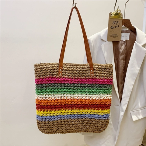 Women Hand-Woven Paper Straw Tote Bag Colorful Rainbow Stripes Large Capacity Beach Vacation Shoulder Bag PU Leather Handles