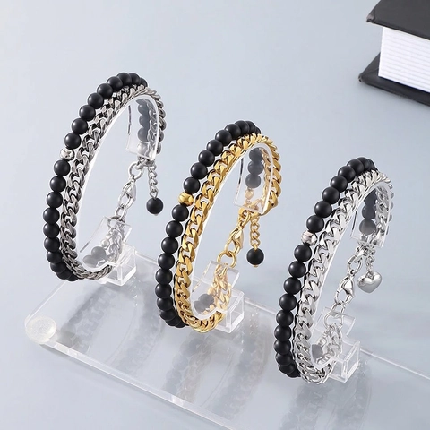 Bracciale Doppio Strato In Acciaio Inossidabile Catena Curb Grumet Perle Di Agata Nera Opaca Gioielli Stile Punk Uomo