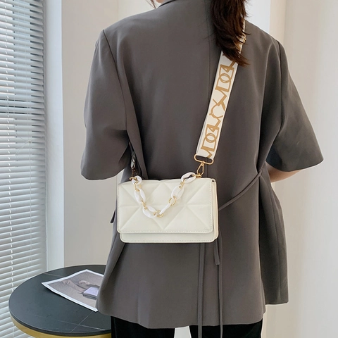 Borsa A Tracolla Trapuntata Pelle PU Donna Piccola Borsa Quadrata Con Catena E Ampia Tracolla Jacquard