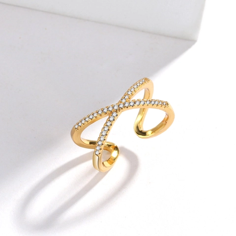 X Vormige Cross Ring Koper Met Zirkonia Pavé Instelling Verstelbare Open Vinger Sieraden Mode Voor Vrouwen