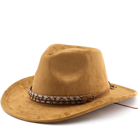 Cappello Da Cowboy Occidentale Vintage Scamosciato Tesa Larga Con Fascia Intrecciata Di Perline Fedora