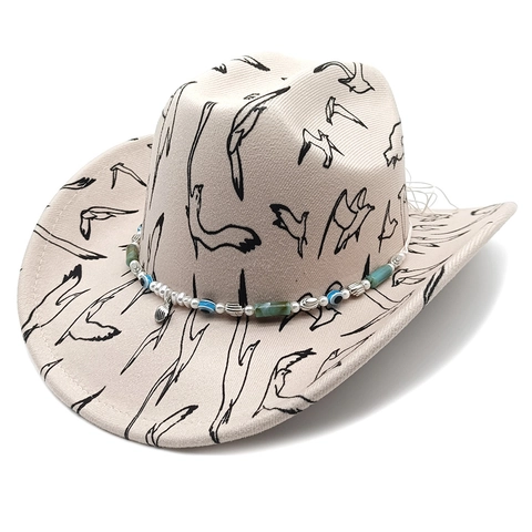 Western Cowboy Hat Polyester Bird Print Wide Brim Bohemian Beaded Evil Eye Shell Pendant Vintage Jazz Fedora