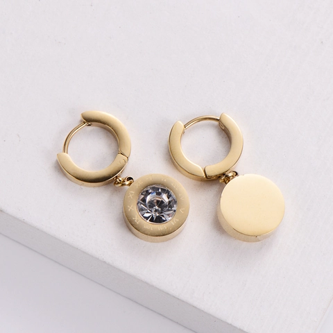 Stainless Steel Hoop Earrings With Roman Numeral Round Pendant Clear Zircon Inlaid Gold Plated Fashion For Women