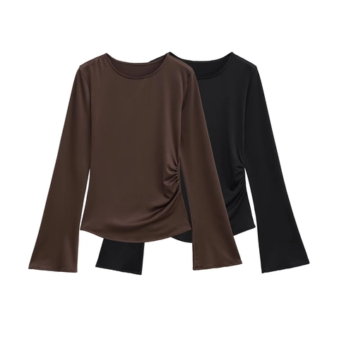 T-Shirt A Maniche Lunghe Arricciata Da Donna Girocollo Maniche A Campana Poliestere Vestibilità Aderente Top Streetwear Casual
