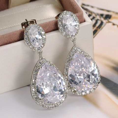 Orecchini Pendenti In Rame Con Zirconia Cubica Taglio A Pera Colore Argento Eleganti Per Matrimoni Serate Di Gala Gioielli Donna