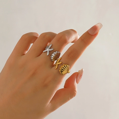 Anillo Abierto Estrella De Mar Concha Acero Inoxidable Chapado En Oro Al Vacío Ajustable Joyería Moda Playa Para Mujeres