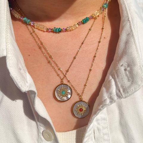 Edelstahl Halskette Gold Plattiert Perlmutt Sonnenstrahl Anhänger Naturstein Bunte Künstliche Perlen Boho Schmuck