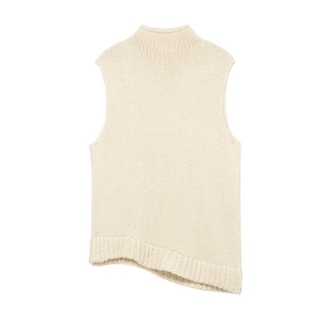 Hochhals Ärmellose Strickweste Asymmetrischer Saum Off White Grobstrick Pullover Top Für Damen Elegant