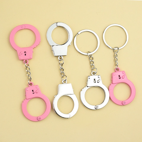 Creative Mini Metal Handcuffs Keychain Simulation Handcuff Keyring Zinc Alloy Silver Pink Pendant Key Chain Jewelry For Couple Gift