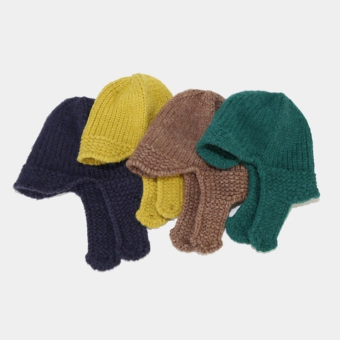 Bonnet Tricoté Avec Cache-oreilles Bord Court Hiver Chaud Grosse Maille Acrylique Couleur Unie Style Trappeur Femmes