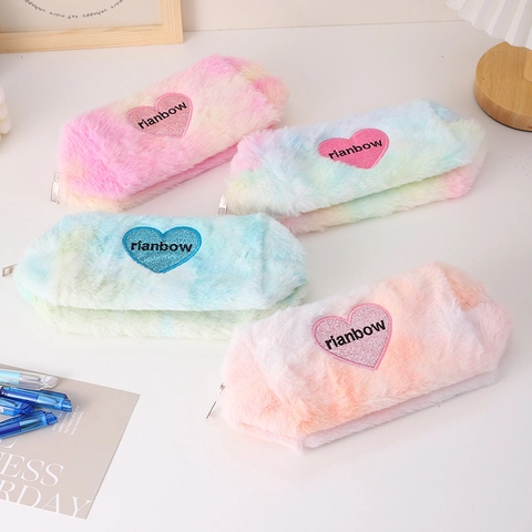 Plush Pencil Case Gradient Tie Dye Rainbow Heart Embroidery Cosmetic Makeup Bag Large Capacity Stationery Storage Pouch For Students