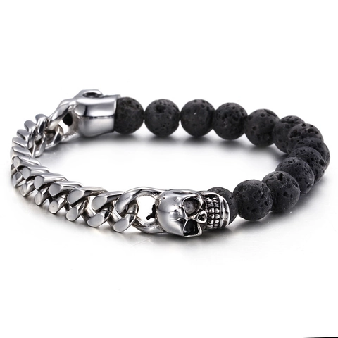 Pulsera De Calavera Para Hombre Piedra De Lava Volcánica Natural Acero Inoxidable Cadena Cubana Punk Gótico Vintage Joyería