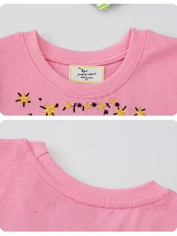 Girls Short Sleeve Cotton Dress Pink Unicorn Star Embroidery Princess Style A-Line Casual Kids Summer Apparel