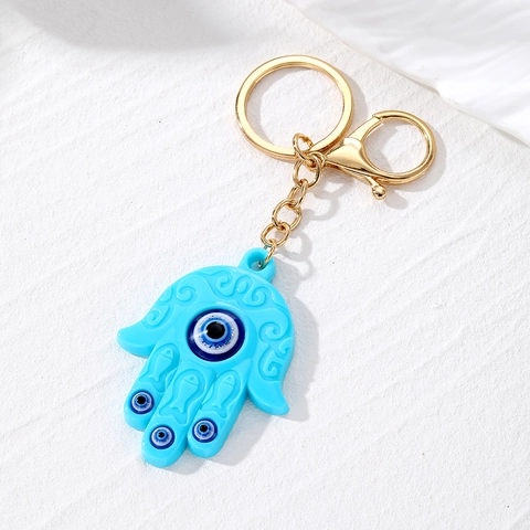 Hamsa Hand Evil Eye Keychain Resin Pendant Gold Metal Clasp Hand Of Fatima Amulet Bag Charm Vintage Style Blue