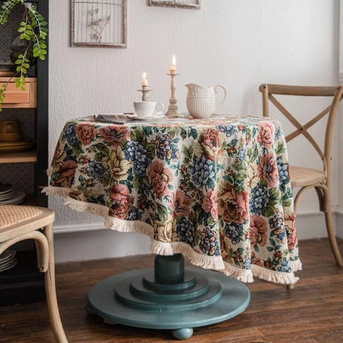 Amerikaanse Vintage Ronde Tafelkleed Bloemen Jacquard Katoenmix Tafelkleed Met Witte Kwastjes Voor Keuken Eetkamer Woondecoratie