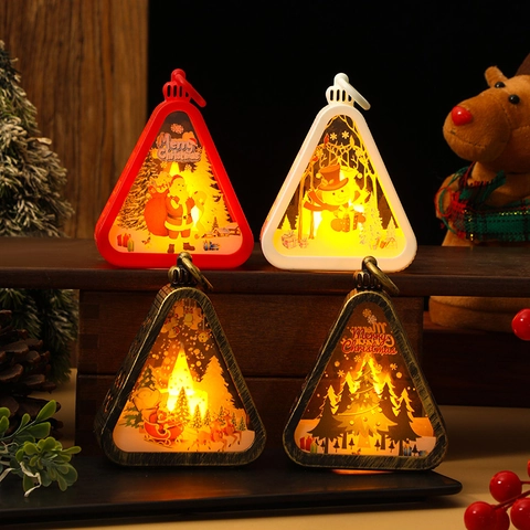 Christmas Lantern LED Wind Lamp Triangular Plastic Glass Hanging Night Light Retro Santa Snowman Festive Home Decor