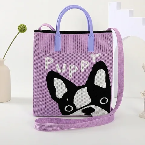 Knitted Tote Bag Women Large Capacity Shoulder Handbag Polyester Contrast Color Cute Cartoon Pattern Casual Commute