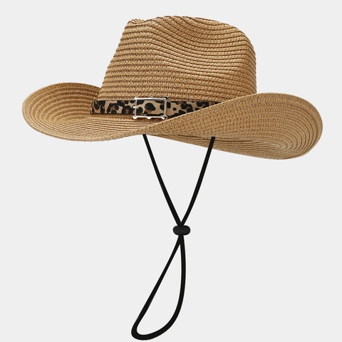 Damen Stroh Cowboyhut Leopard Print Gürtelschnalle Atmungsaktiv Breite Krempe Sommer Strand Sonnenschutz Verstellbares Seil
