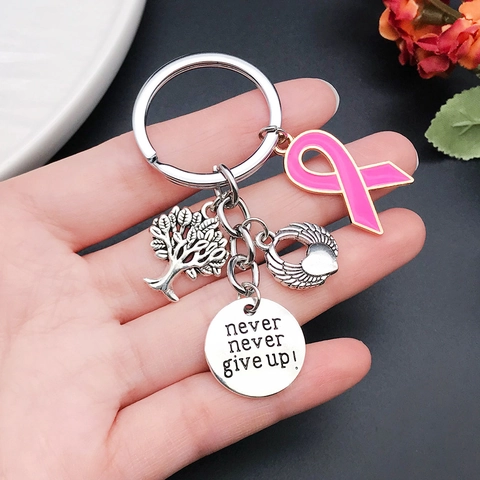 Portachiavi Ispiratore in Argento Antico Albero della Vita Cuore Alato Never Give Up Lega Nastro Rosa Consapevolezza del Cancro al Seno