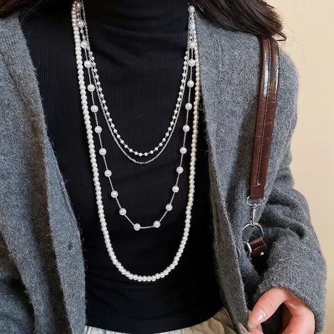 Multi-Layer Künstliche Perlen Kristall Künstliche Perlenkette Französisch Retro Elegant Lange Pulloverkette Für Frauen Vielseitig Luxus Stil
