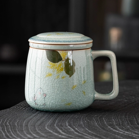 Tazza Da Tè In Ceramica Con Coperchio E Infusore Smalto Crackle Dipinta A Mano Motivo Coniglio Di Giada Osmanto Stile Cinese Vintage Ufficio