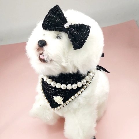 Elegante Haustier Bandana Und Fliege Tweed Houndstooth Plaid Polyester Lätzchen Mit Kunstperlen Für Kleine Hunde Katzen