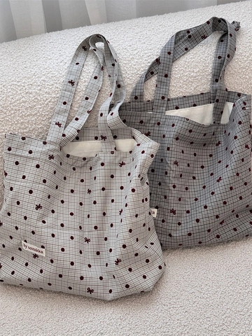 Canvas Tote Bag Women Checkered Polka Dot Bowknot Large Capacity Shoulder Handbag Daily Casual Commuting