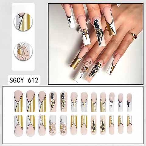 Halloween Aufpressnägel Lange Sargform Künstliche Nägel Gold Spinnennetz Geist Fledermaus Design Für Frauen Gothic Party
