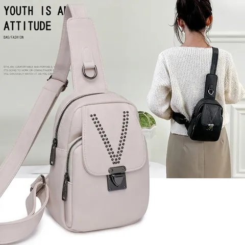 Borsa Da Petto Da Donna In Pelle PU Con Borchie A V Chiusura In Metallo Borsa A Tracolla Multi-Tasca