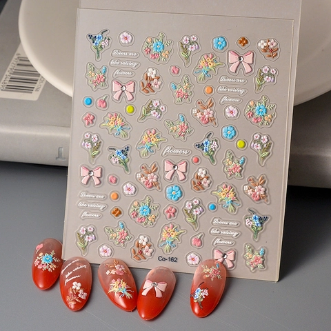 Autocollants De Nail Art En Relief 5D Motif Floral Fleurs Nœuds Roses Auto Adhésifs Imperméables Décoration De Manucure DIY