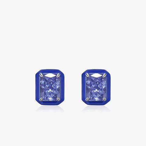 Orecchini A Lobo Rettangolari In Zircone Blu Con Perno In Argento Sterling 925 Smalto Blu Stile Vintage Francese Donne