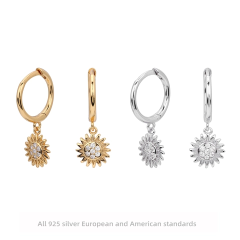 Pendientes Colgantes de Girasol de Plata de Ley 925 Pendientes de Aro Redondos con Circonia Micro Incrustada Joyas para Mujer