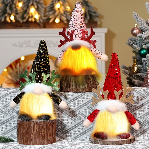 Kerstkabouter LED Verlichte Rudolph Pop Pailletten Pluche Gewei Gezichtloos Tafelornament Venster Decoratie