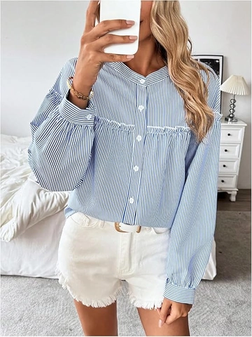 Gestreept Damesoverhemd Polyester Ruches Lantaarnmouwen Casual Losse Blouse Top