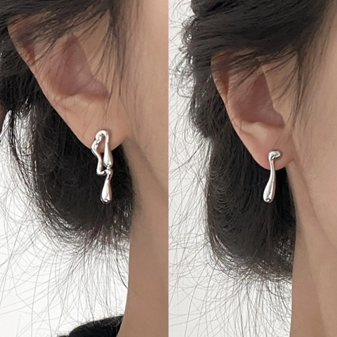 Pendientes De Botón Geométricos Asimétricos Con Poste De Plata Estilo Metal Líquido Joyería Minimalista Irregular Para Mujer