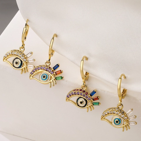 Evil Eye Creolen Für Damen 18K Vergoldetes Kupfer Bunter Zirkon Emaille Glücksschutz Retro Schmuck