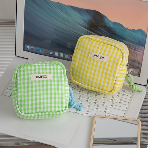 Japanese Style Cute Gingham Plaid Cotton Mini Square Storage Pouch Lipstick Sanitary Napkin Coin Travel Organizer