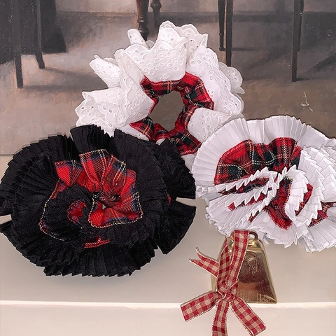 Übergroße Karo Haargummi Stoff Tartan Plissee Rüschen Spitze Britischen Retro Stil Handgemachte Accessoire Für Frauen