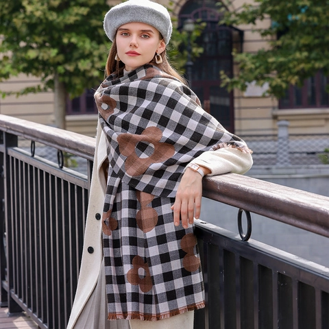 Bufanda de Cuadros Floral para Mujer Imitación Cachemira Gruesa Cálida Invierno Chal Con Borla Elegante Envoltura para Dama