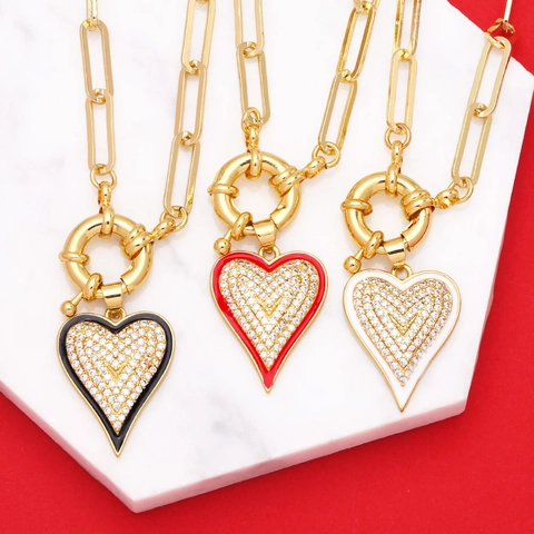 Collana Pendente Cuore Rame Placcato Oro Zirconi Pavé Smalto Catena Graffetta Grossa Gioielli Hip Hop Donna
