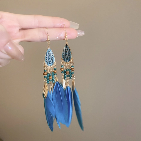 Böhmische Blaue Feder Tropfenohrringe Mit Goldenen Blattlegierung Holzperlen Und Silbernem Ohrstecker Damen Vintage Ethno-Stil
