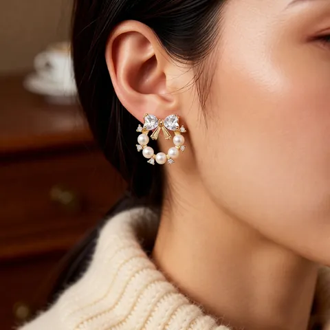 Orecchini A Lobo Con Künstliche Perle E Fiocco Con Zirconi E Perno In Argento Gioielli Eleganti In Stile Francese Per Donna