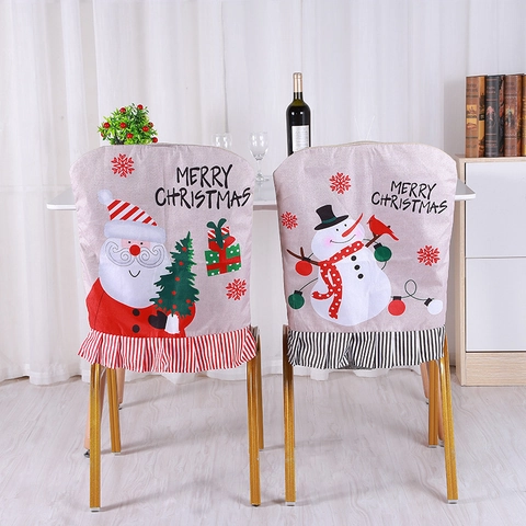 Christmas Chair Back Covers Linen Santa Snowman Print Ruffled Striped Hem Holiday Dining Table Home Party Decor