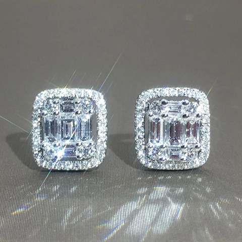 Square Halo Stud Earrings Luxury Copper Cubic Zirconia Emerald Cut Elegant Shiny Geometric Jewelry For Women