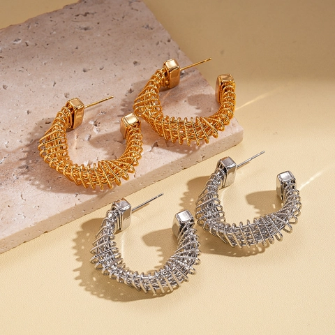 Twisted C-Shape Stud Earrings With Silver Earring Post Copper Real Gold Plated Spiral Metallic Niche Jewelry For Women