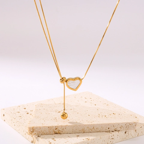 Collana Con Pendente A Cuore Placcata Oro 18K Acciaio Al Titanio Intarsio In Conchiglia Catena A Serpente Regolabile Gioielli Eleganti