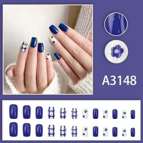 Press On Nägel Blaues Karomuster Blumen Quadratisch Abgerundet Glänzend Falsche Nägel DIY Maniküre Für Frauen